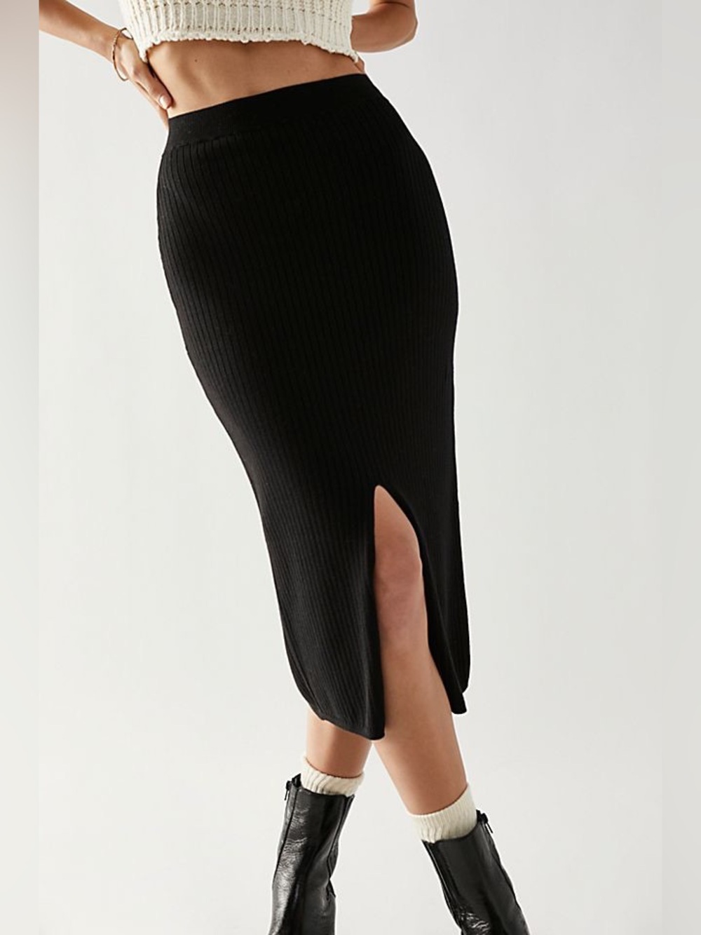 Free People Skyline Black  Ribbed Knit Midi Skirt with Front Slit Size Medium